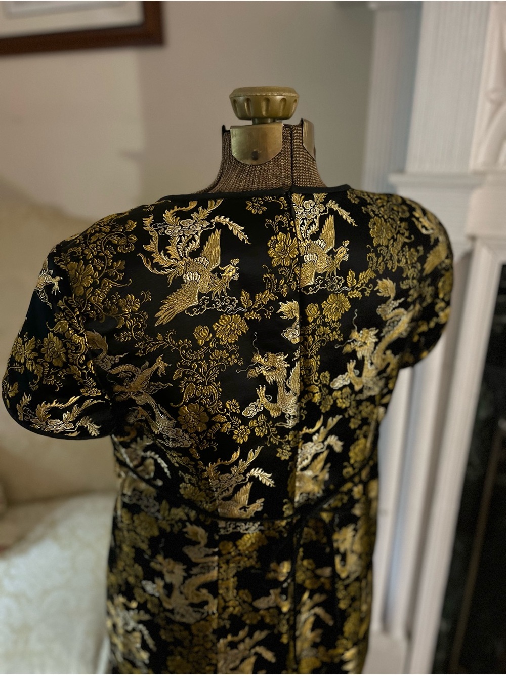 Black Gold Metallic Brocade Dragon Birds Cocktail Dress Vintage Mimi Maternity - Picture 2 of 12